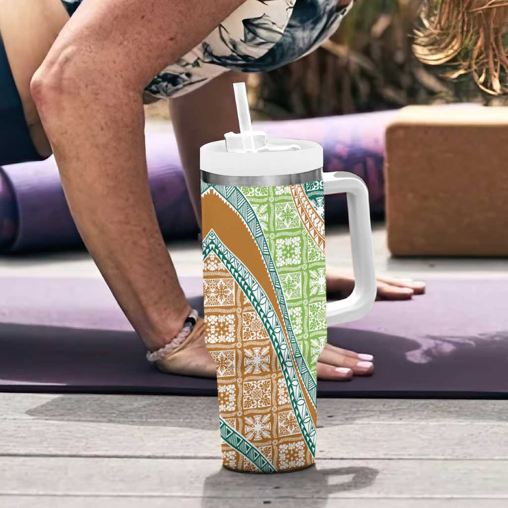 Hawaiian Quilt Pattern Tumbler With Handle Green Chestnut Color Mixed - Polynesian Pride