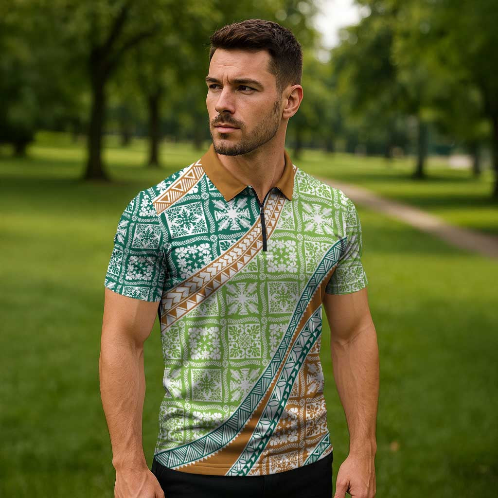 Hawaiian Quilt Pattern Zipper Polo Shirt Green Chestnut Color Mixed - Polynesian Pride