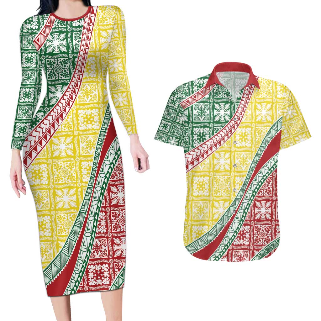 Hawaiian Quilt Pattern Couples Matching Long Sleeve Bodycon Dress and Hawaiian Shirt Special Color Mixed LT01 Multicolor - Polynesian Pride