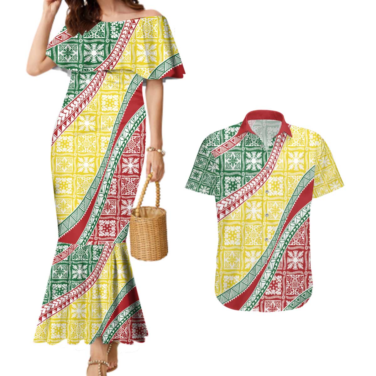 Hawaiian Quilt Pattern Couples Matching Mermaid Dress and Hawaiian Shirt Special Color Mixed LT01 Multicolor - Polynesian Pride