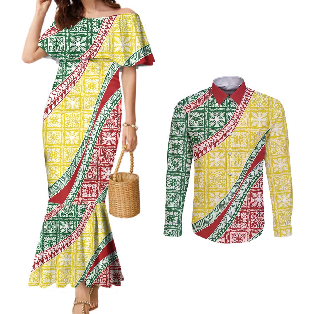 Hawaiian Quilt Pattern Couples Matching Mermaid Dress and Long Sleeve Button Shirt Special Color Mixed LT01 Multicolor - Polynesian Pride