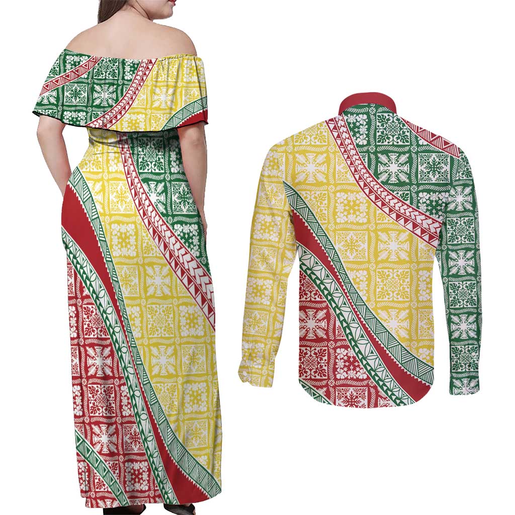 Hawaiian Quilt Pattern Couples Matching Off Shoulder Maxi Dress and Long Sleeve Button Shirt Special Color Mixed LT01 - Polynesian Pride