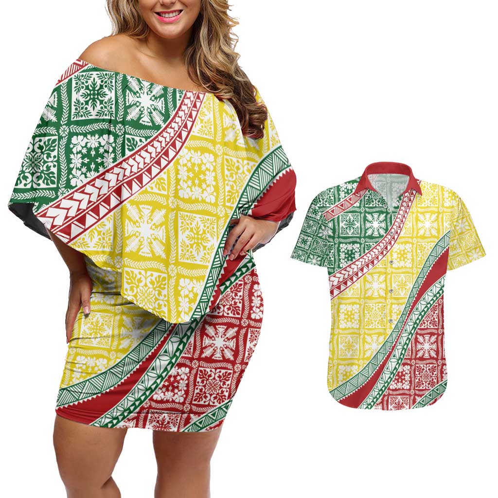 Hawaiian Quilt Pattern Couples Matching Off Shoulder Short Dress and Hawaiian Shirt Special Color Mixed LT01 Multicolor - Polynesian Pride