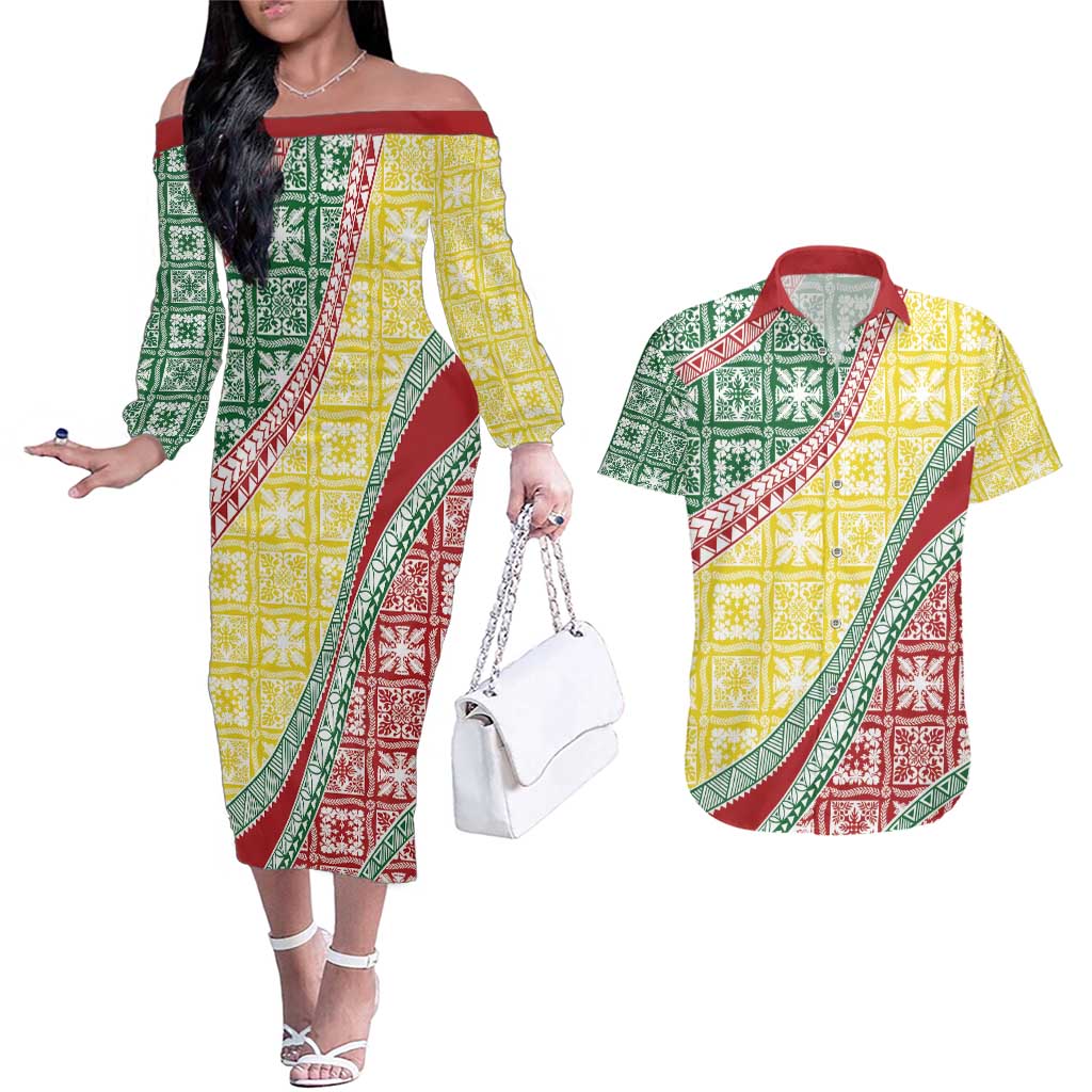 Hawaiian Quilt Pattern Couples Matching Off The Shoulder Long Sleeve Dress and Hawaiian Shirt Special Color Mixed LT01 Multicolor - Polynesian Pride