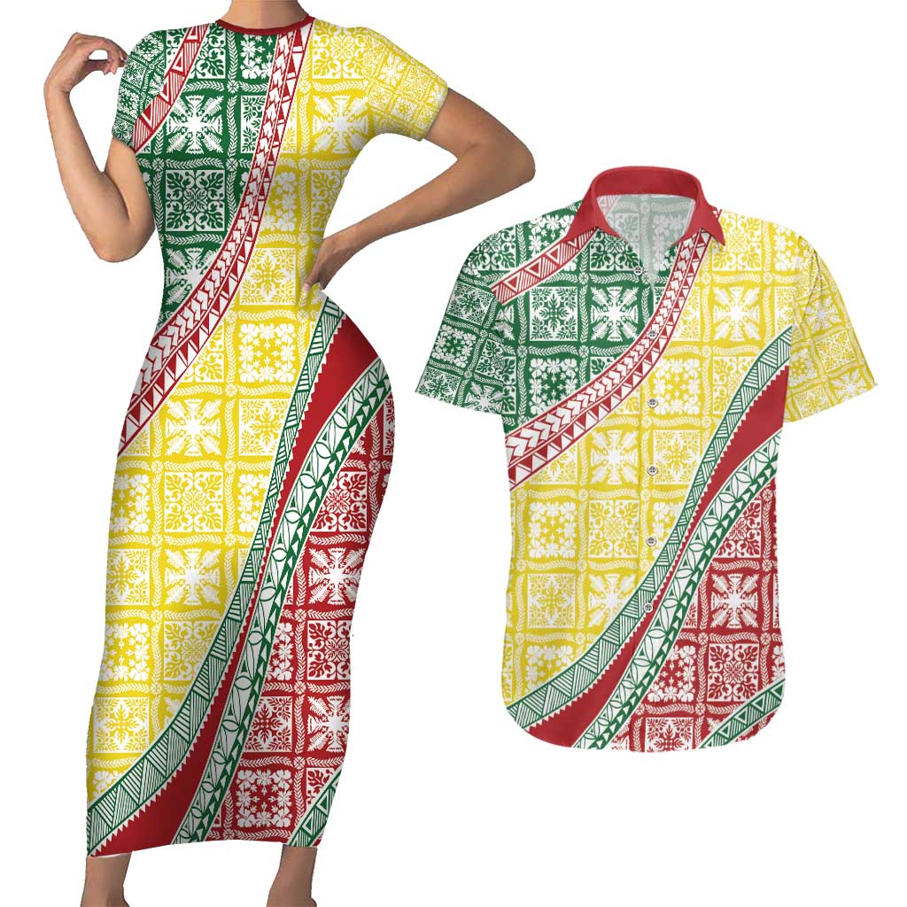 Hawaiian Quilt Pattern Couples Matching Short Sleeve Bodycon Dress and Hawaiian Shirt Special Color Mixed LT01 Multicolor - Polynesian Pride