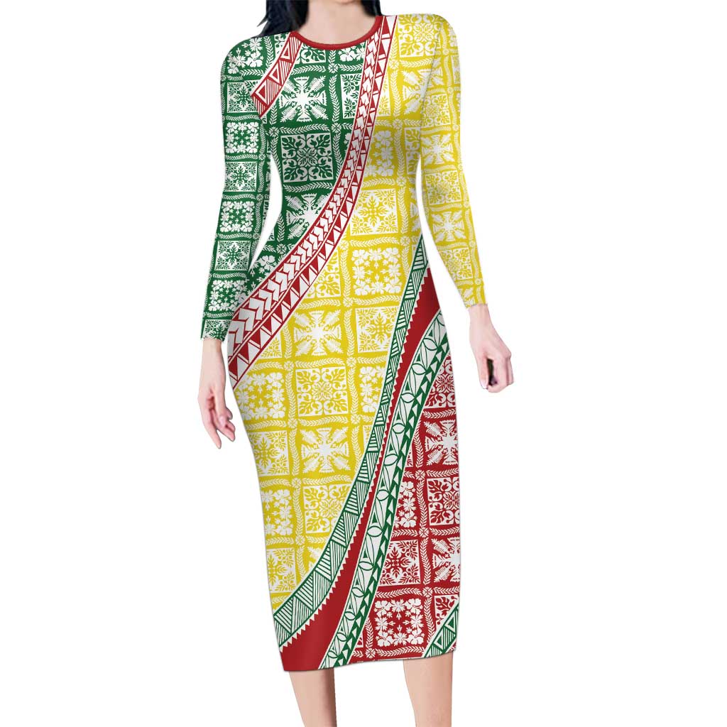 Hawaiian Quilt Pattern Family Matching Long Sleeve Bodycon Dress and Hawaiian Shirt Special Color Mixed - Polynesian Pride