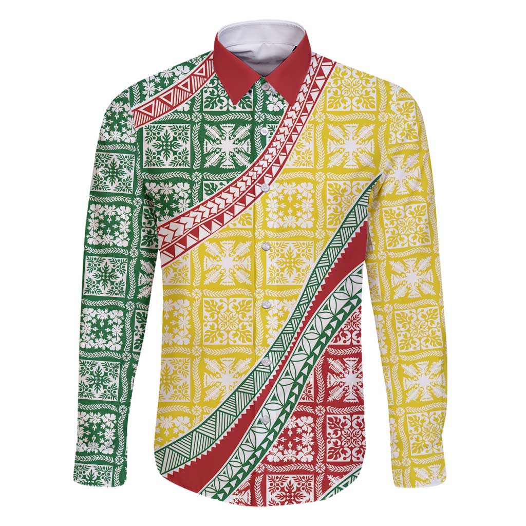 Hawaiian Quilt Pattern Family Matching Mermaid Dress and Hawaiian Shirt Special Color Mixed LT01 Dad's Shirt - Long Sleeve Multicolor - Polynesian Pride