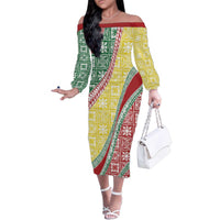 Hawaiian Quilt Pattern Family Matching Off The Shoulder Long Sleeve Dress and Hawaiian Shirt Special Color Mixed - Polynesian Pride