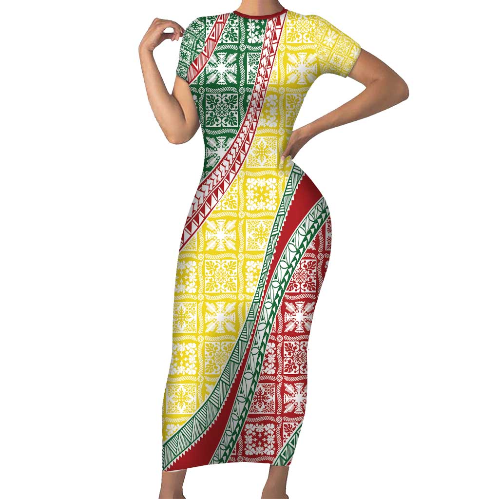 Hawaiian Quilt Pattern Family Matching Short Sleeve Bodycon Dress and Hawaiian Shirt Special Color Mixed - Polynesian Pride