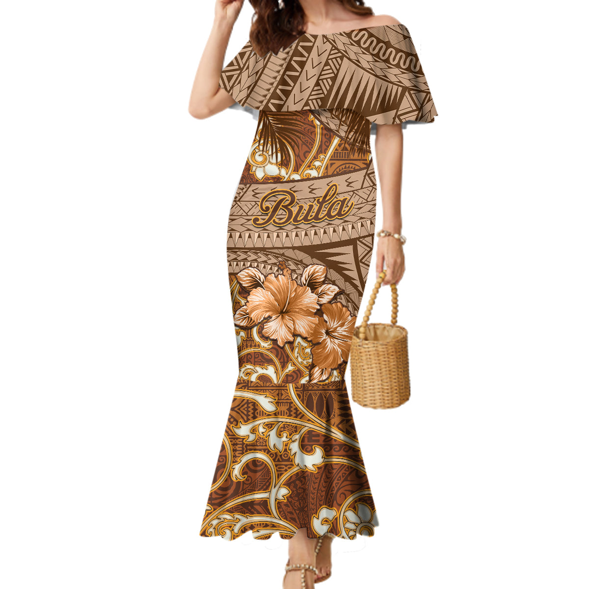Personalised Fiji Masi Family Matching Mermaid Dress and Hawaiian Shirt Bula Fijian Masi Tapa Vintage Style LT01 Mom's Dress Brown - Polynesian Pride