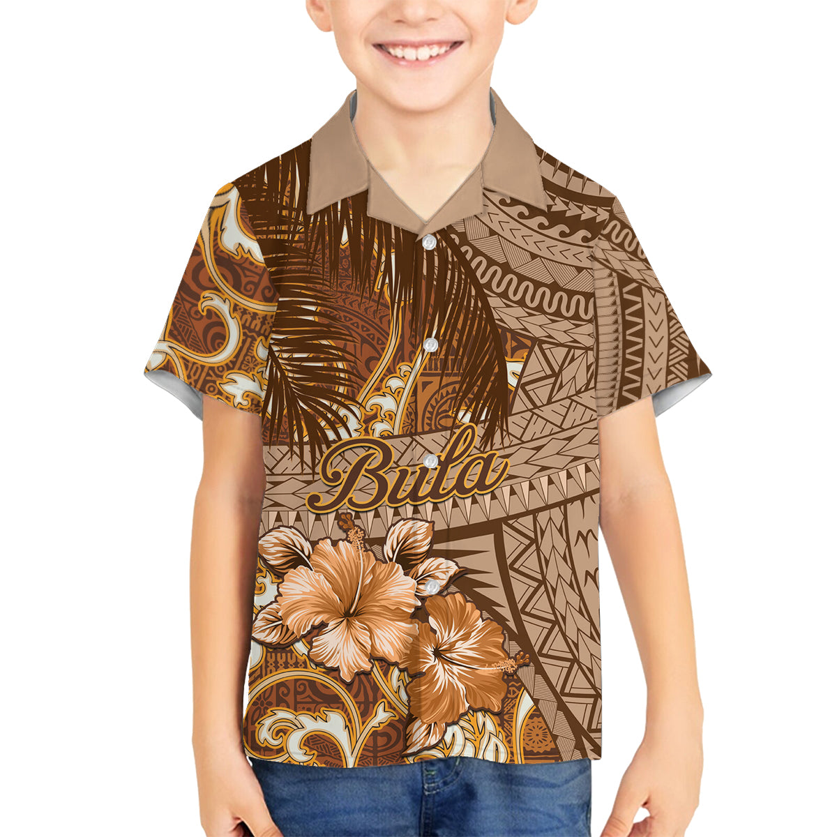 Personalised Fiji Masi Family Matching Tank Maxi Dress and Hawaiian Shirt Bula Fijian Masi Tapa Vintage Style LT01 Son's Shirt Brown - Polynesian Pride
