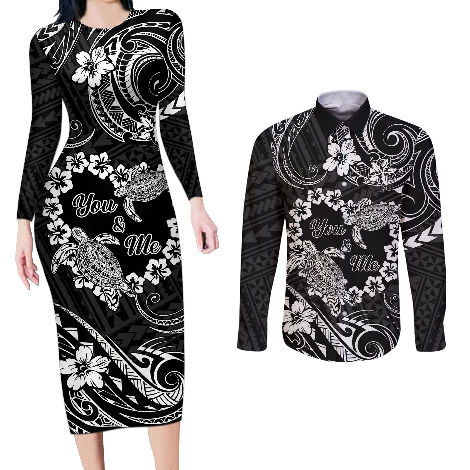 Polynesian Turtle Valentine Couples Matching Long Sleeve Bodycon Dress and Long Sleeve Button Shirt You And Me Hibiscus Heart LT01 Black - Polynesian Pride