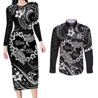 Polynesian Turtle Valentine Couples Matching Long Sleeve Bodycon Dress and Long Sleeve Button Shirt You And Me Hibiscus Heart LT01 Black - Polynesian Pride