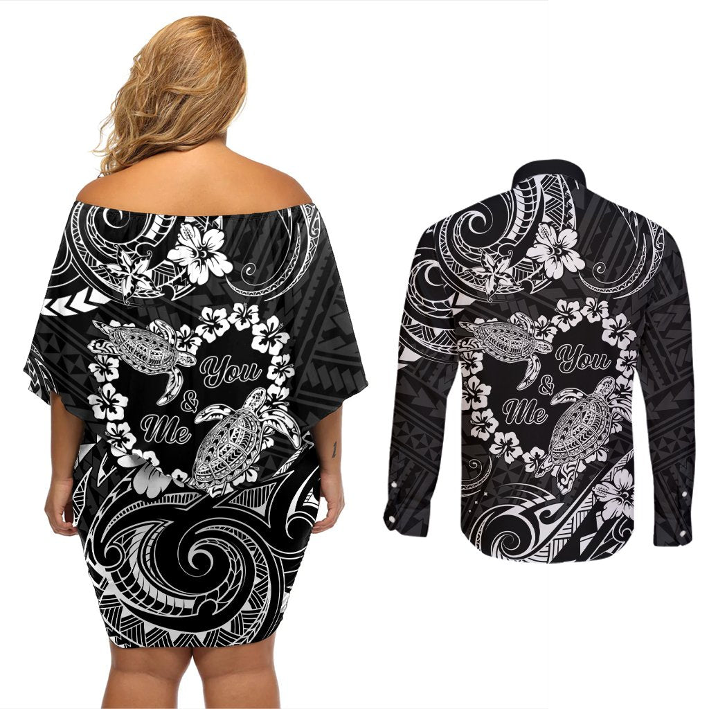 Polynesian Turtle Valentine Couples Matching Off Shoulder Short Dress and Long Sleeve Button Shirt You And Me Hibiscus Heart LT01 - Polynesian Pride