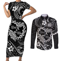 Polynesian Turtle Valentine Couples Matching Short Sleeve Bodycon Dress and Long Sleeve Button Shirt You And Me Hibiscus Heart LT01 Black - Polynesian Pride