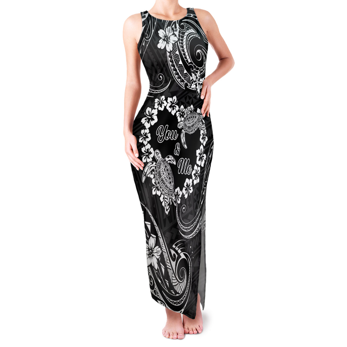 Polynesian Turtle Valentine Family Matching Tank Maxi Dress and Hawaiian Shirt You And Me Hibiscus Heart LT01 Mom's Dress Black - Polynesian Pride