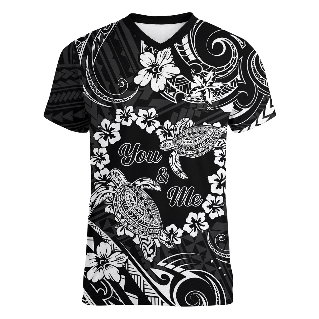 Polynesian Turtle Valentine Women V Neck T Shirt You And Me Hibiscus Heart LT01 Female Black - Polynesian Pride