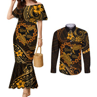 Polynesian Turtle Valentine Couples Matching Mermaid Dress and Long Sleeve Button Shirt You And Me Gold Hibiscus Heart LT01 Gold - Polynesian Pride