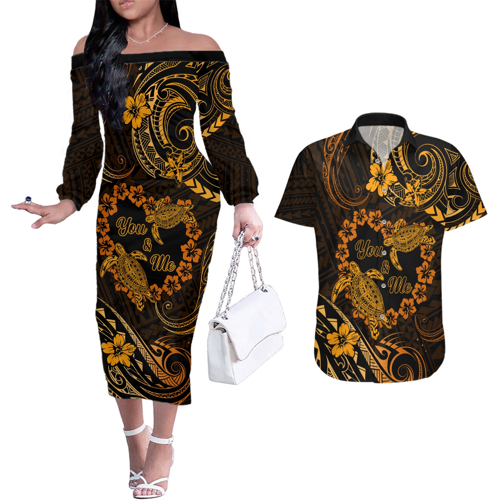 Polynesian Turtle Valentine Couples Matching Off The Shoulder Long Sleeve Dress and Hawaiian Shirt You And Me Gold Hibiscus Heart LT01 Gold - Polynesian Pride