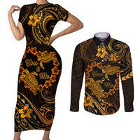 Polynesian Turtle Valentine Couples Matching Short Sleeve Bodycon Dress and Long Sleeve Button Shirt You And Me Gold Hibiscus Heart LT01 Gold - Polynesian Pride