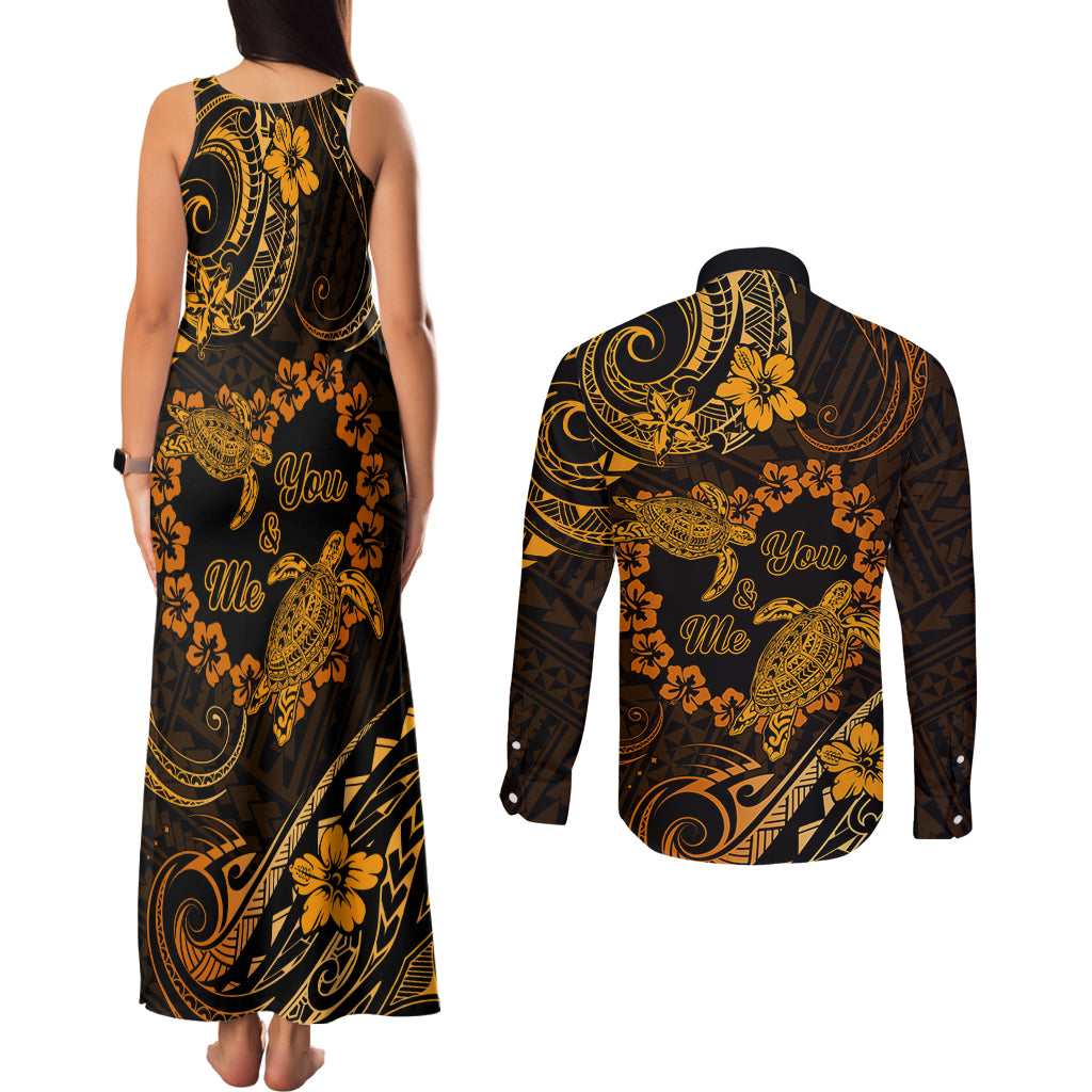 Polynesian Turtle Valentine Couples Matching Tank Maxi Dress and Long Sleeve Button Shirt You And Me Gold Hibiscus Heart LT01 - Polynesian Pride