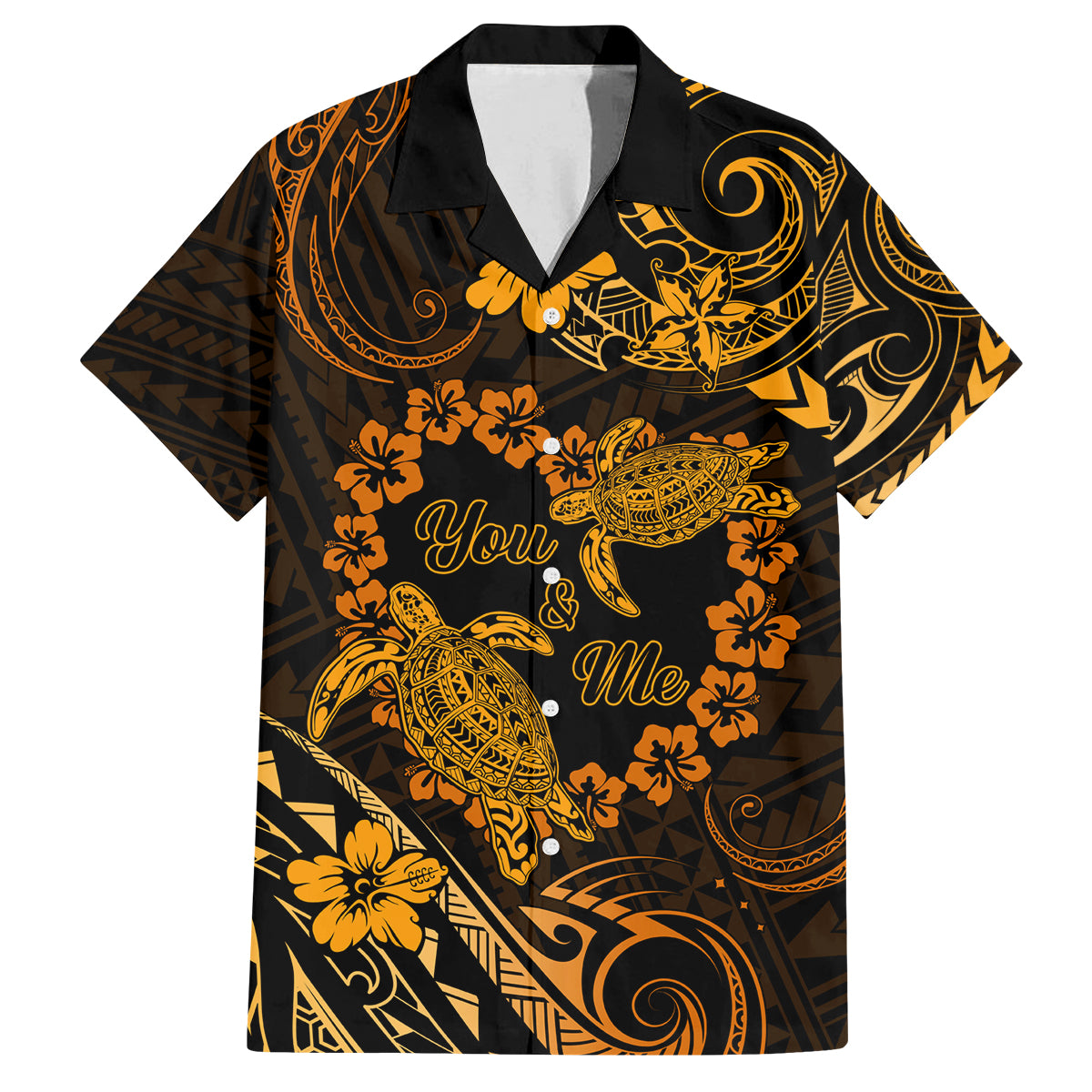 Polynesian Turtle Valentine Family Matching Off Shoulder Long Sleeve Dress and Hawaiian Shirt You And Me Gold Hibiscus Heart LT01 Dad's Shirt - Short Sleeve Gold - Polynesian Pride