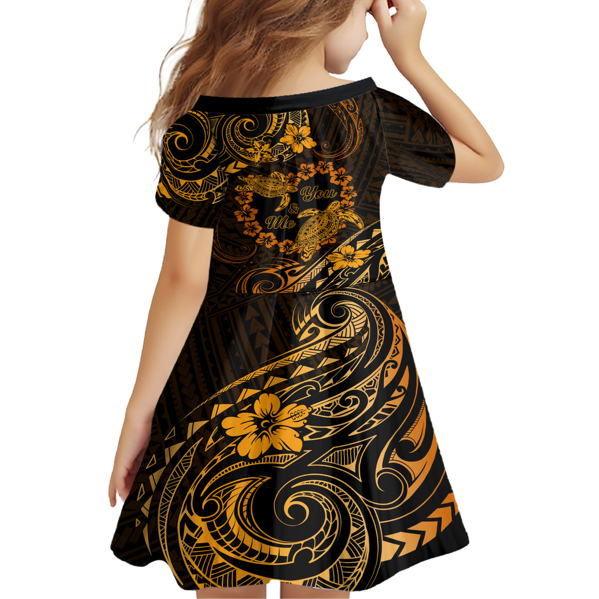 Polynesian Turtle Valentine Family Matching Short Sleeve Bodycon Dress and Hawaiian Shirt You And Me Gold Hibiscus Heart LT01 - Polynesian Pride