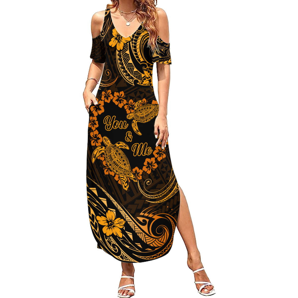 Polynesian Turtle Valentine Family Matching Summer Maxi Dress and Hawaiian Shirt You And Me Gold Hibiscus Heart LT01 Mom's Dress Gold - Polynesian Pride