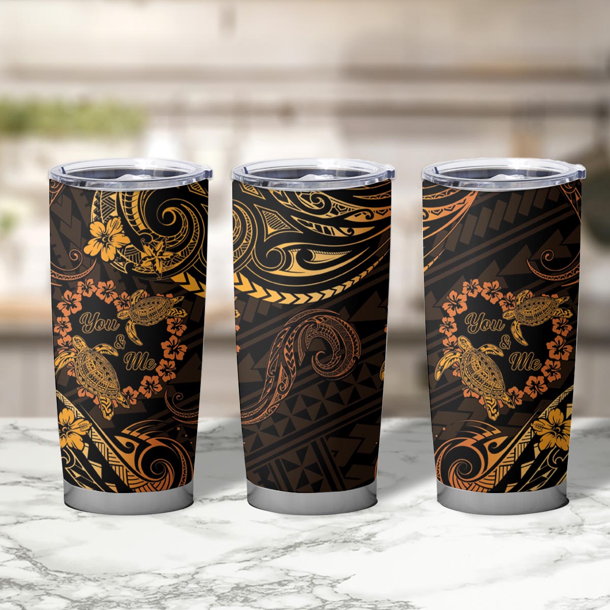Polynesian Turtle Valentine Tumbler Cup You And Me Gold Hibiscus Heart