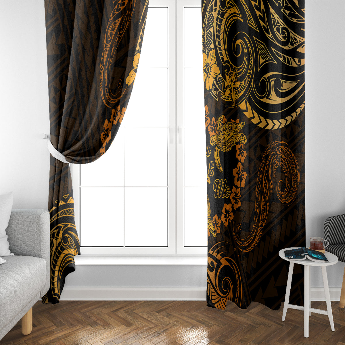 Polynesian Turtle Valentine Window Curtain You And Me Gold Hibiscus Heart LT01 - Polynesian Pride