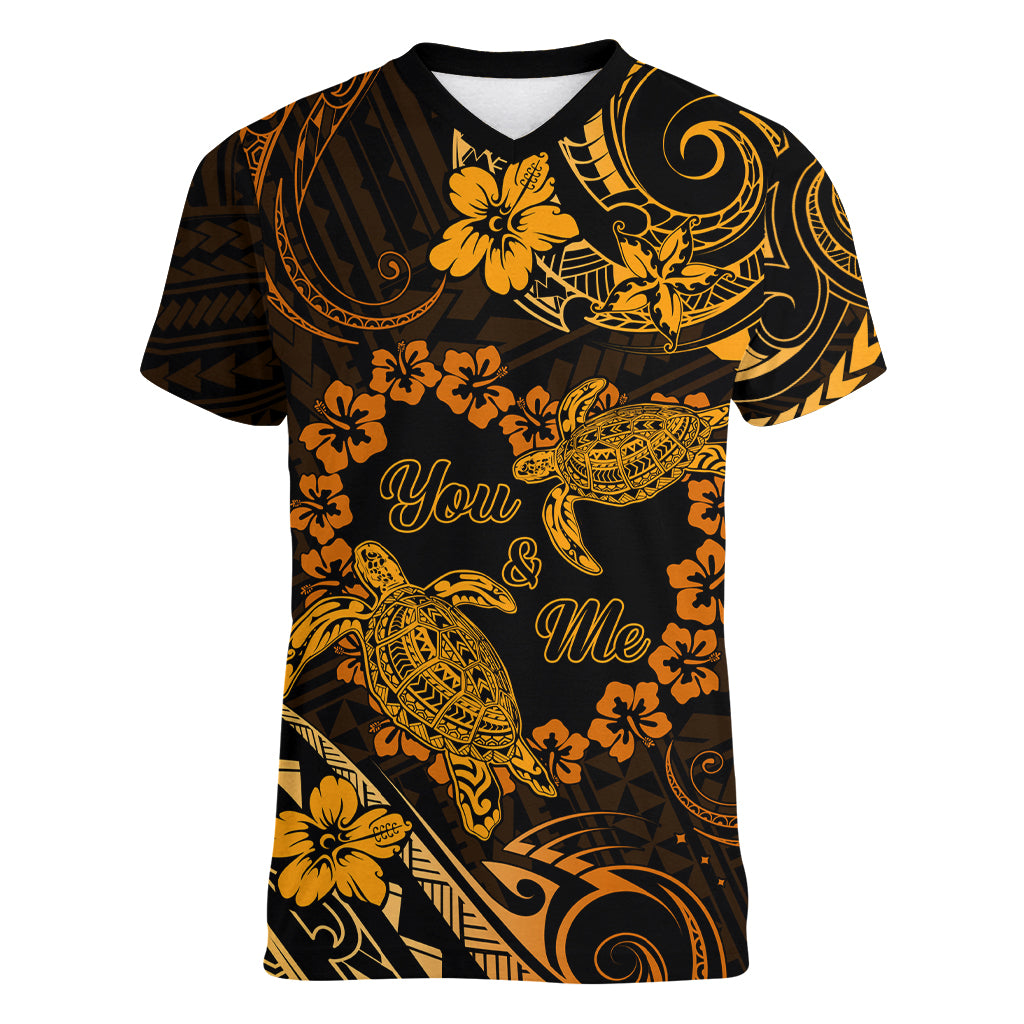 Polynesian Turtle Valentine Women V Neck T Shirt You And Me Gold Hibiscus Heart LT01 Female Gold - Polynesian Pride