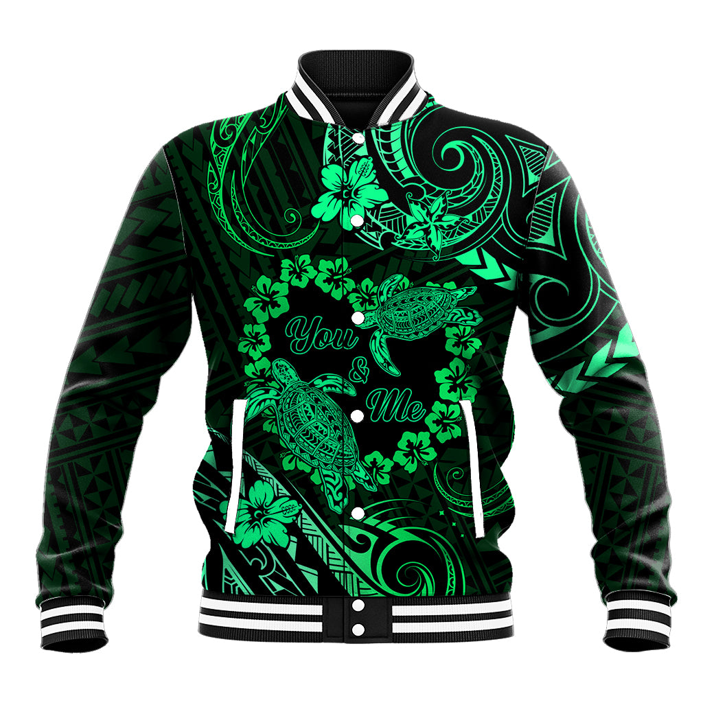 Polynesian Turtle Valentine Baseball Jacket You And Me Green Hibiscus Heart LT01 Unisex Green - Polynesian Pride