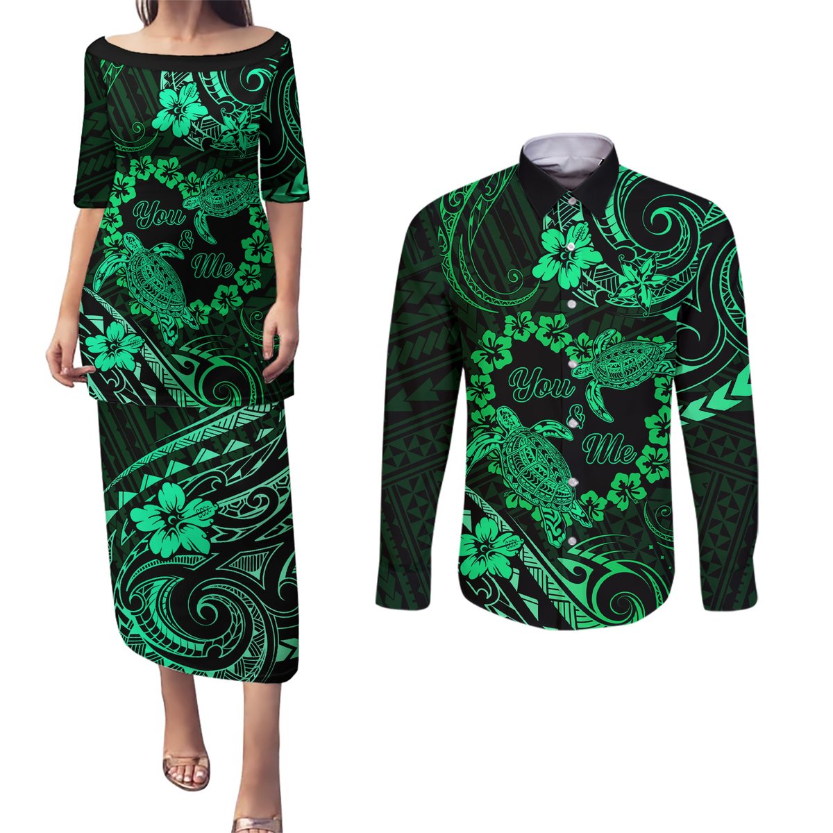Polynesian Turtle Valentine Couples Matching Puletasi and Long Sleeve Button Shirt You And Me Green Hibiscus Heart LT01 Green - Polynesian Pride