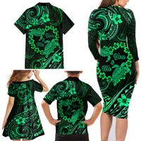 Polynesian Turtle Valentine Family Matching Long Sleeve Bodycon Dress and Hawaiian Shirt You And Me Green Hibiscus Heart LT01 - Polynesian Pride