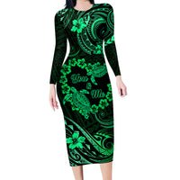 Polynesian Turtle Valentine Family Matching Long Sleeve Bodycon Dress and Hawaiian Shirt You And Me Green Hibiscus Heart LT01 Mom's Dress Green - Polynesian Pride