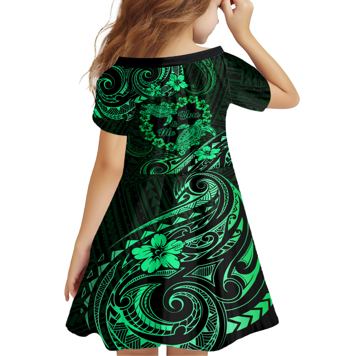 Polynesian Turtle Valentine Family Matching Off Shoulder Short Dress and Hawaiian Shirt You And Me Green Hibiscus Heart LT01 - Polynesian Pride
