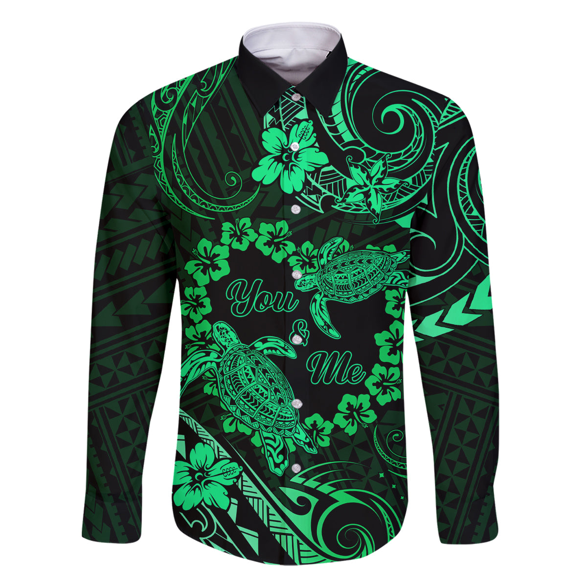 Polynesian Turtle Valentine Family Matching Tank Maxi Dress and Hawaiian Shirt You And Me Green Hibiscus Heart LT01 Dad's Shirt - Long Sleeve Green - Polynesian Pride