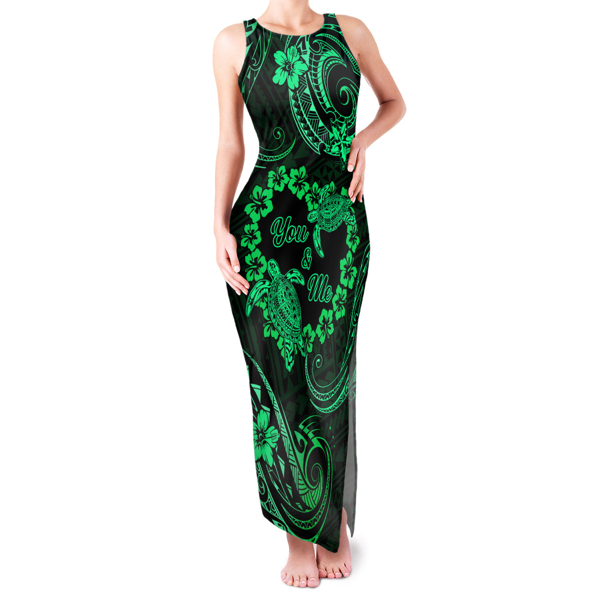 Polynesian Turtle Valentine Family Matching Tank Maxi Dress and Hawaiian Shirt You And Me Green Hibiscus Heart LT01 Mom's Dress Green - Polynesian Pride