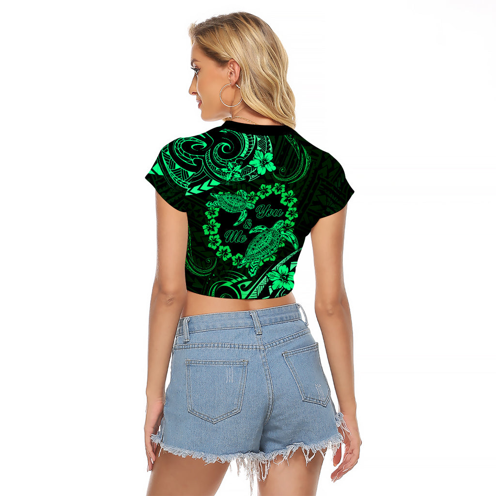 Polynesian Turtle Valentine Raglan Cropped T Shirt You And Me Green Hibiscus Heart LT01 - Polynesian Pride