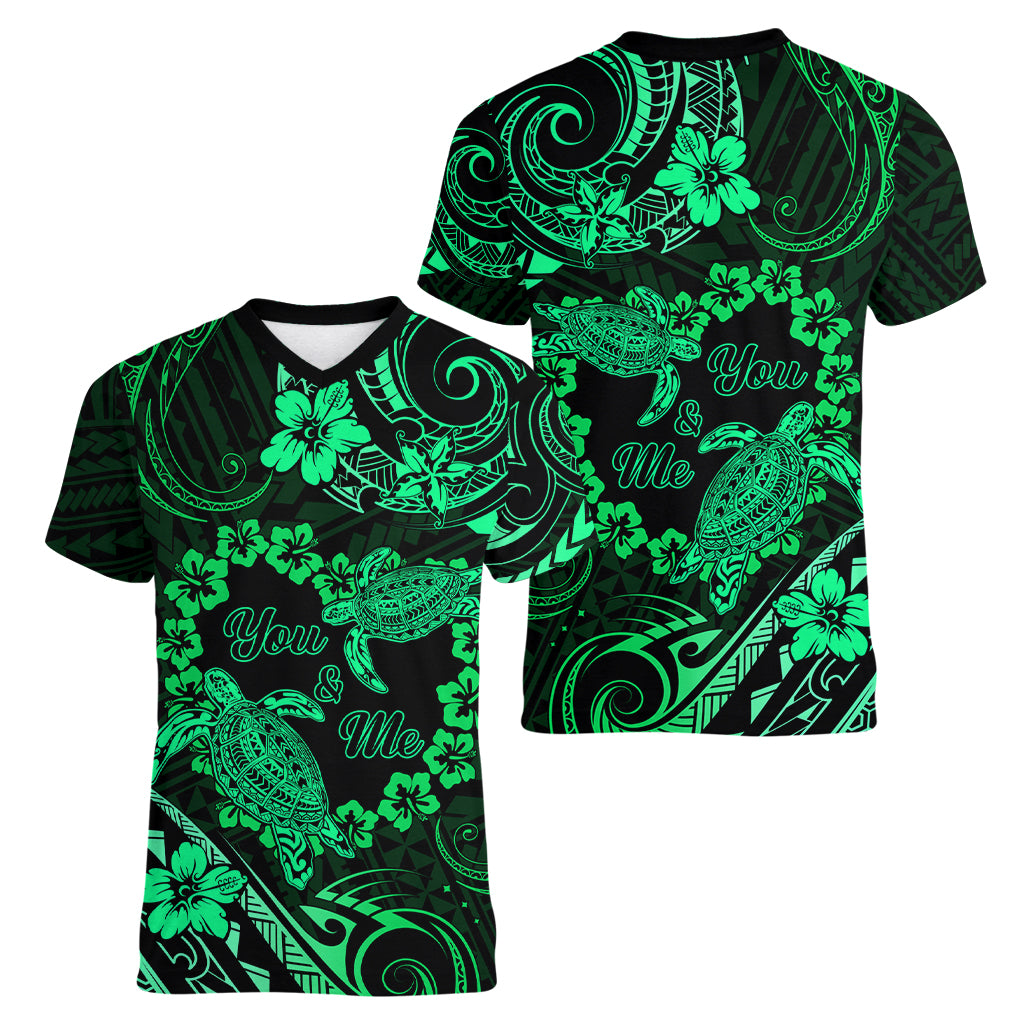 Polynesian Turtle Valentine Women V Neck T Shirt You And Me Green Hibiscus Heart LT01 - Polynesian Pride