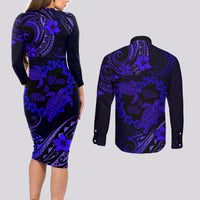 Polynesian Turtle Valentine Couples Matching Long Sleeve Bodycon Dress and Long Sleeve Button Shirt You And Me Navy Blue Hibiscus Heart LT01 - Polynesian Pride