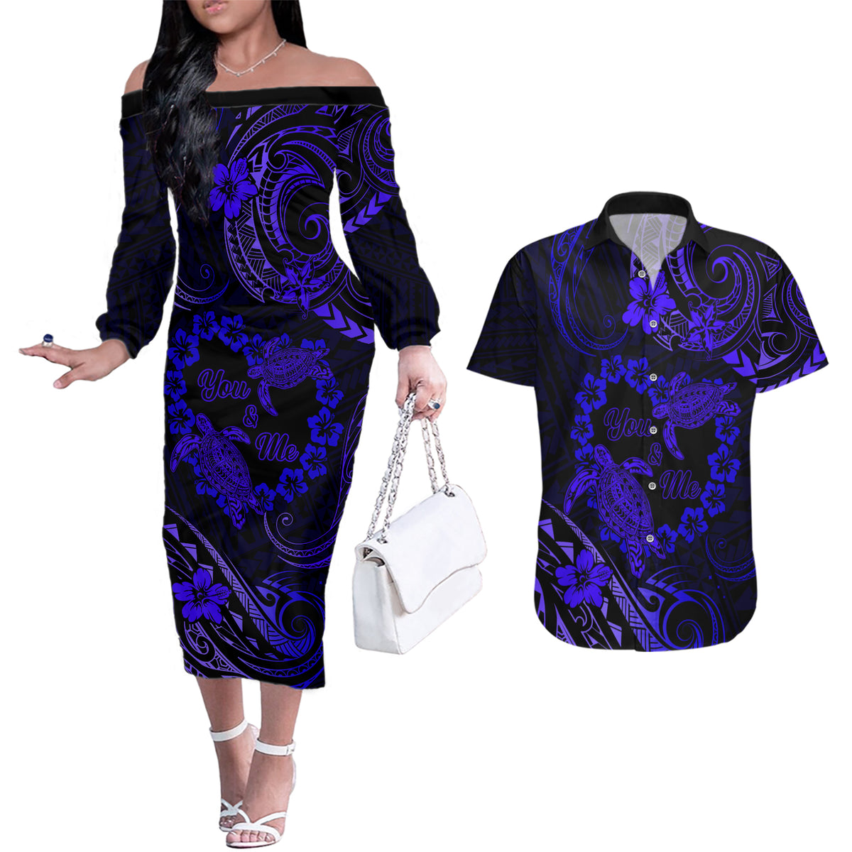 Polynesian Turtle Valentine Couples Matching Off The Shoulder Long Sleeve Dress and Hawaiian Shirt You And Me Navy Blue Hibiscus Heart LT01 Blue - Polynesian Pride
