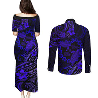 Polynesian Turtle Valentine Couples Matching Puletasi and Long Sleeve Button Shirt You And Me Navy Blue Hibiscus Heart LT01 - Polynesian Pride