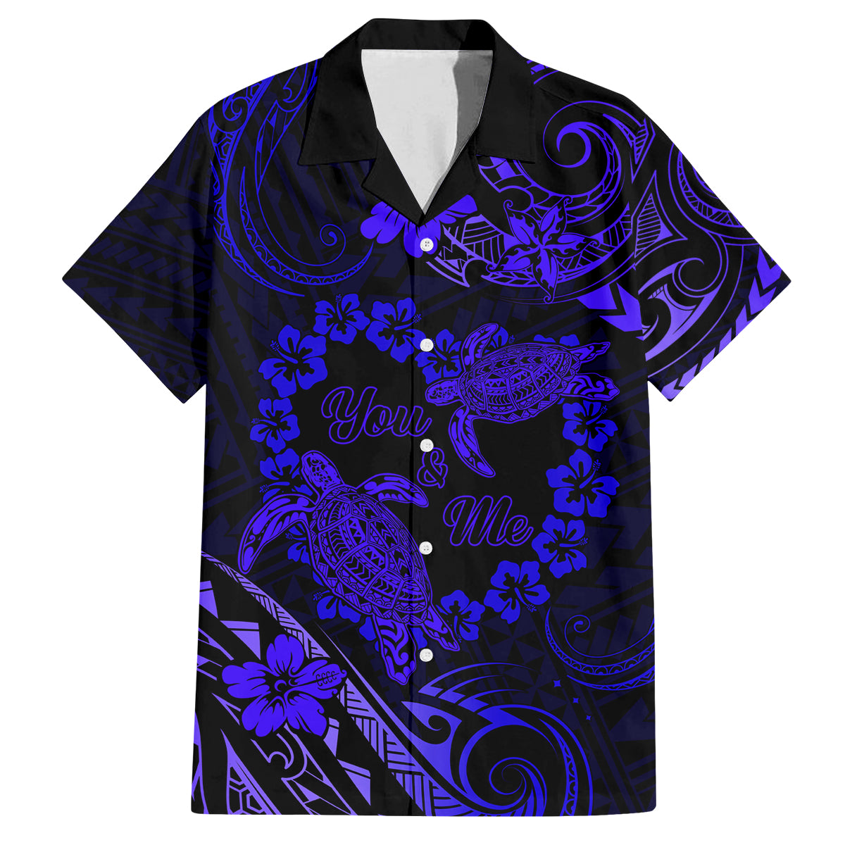 Polynesian Turtle Valentine Family Matching Puletasi and Hawaiian Shirt You And Me Navy Blue Hibiscus Heart LT01 Dad's Shirt - Short Sleeve Blue - Polynesian Pride