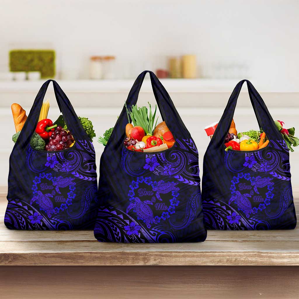 Polynesian Turtle Valentine Grocery Bag You And Me Navy Blue Hibiscus Heart