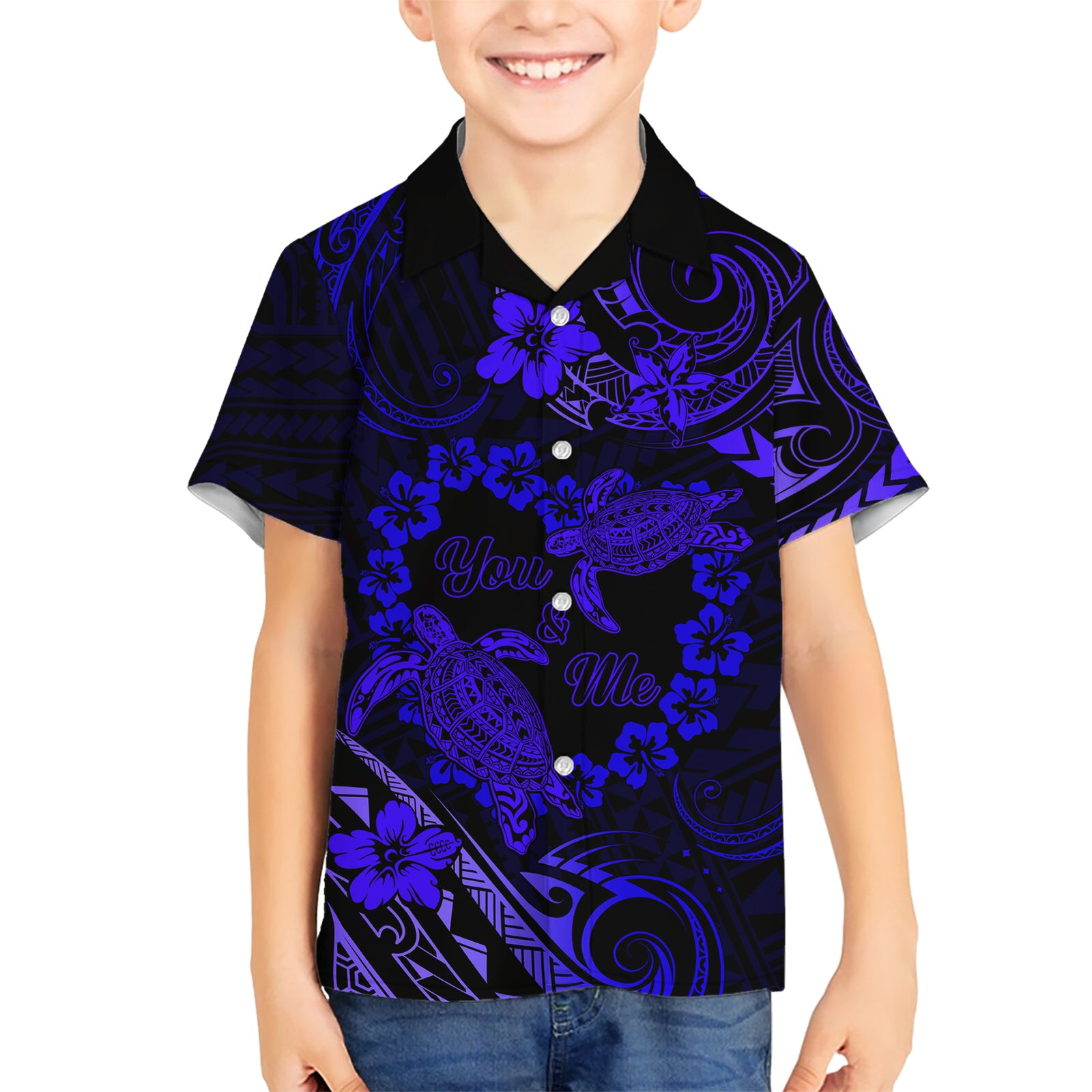 Polynesian Turtle Valentine Kid Hawaiian Shirt You And Me Navy Blue Hibiscus Heart LT01 Kid Blue - Polynesian Pride
