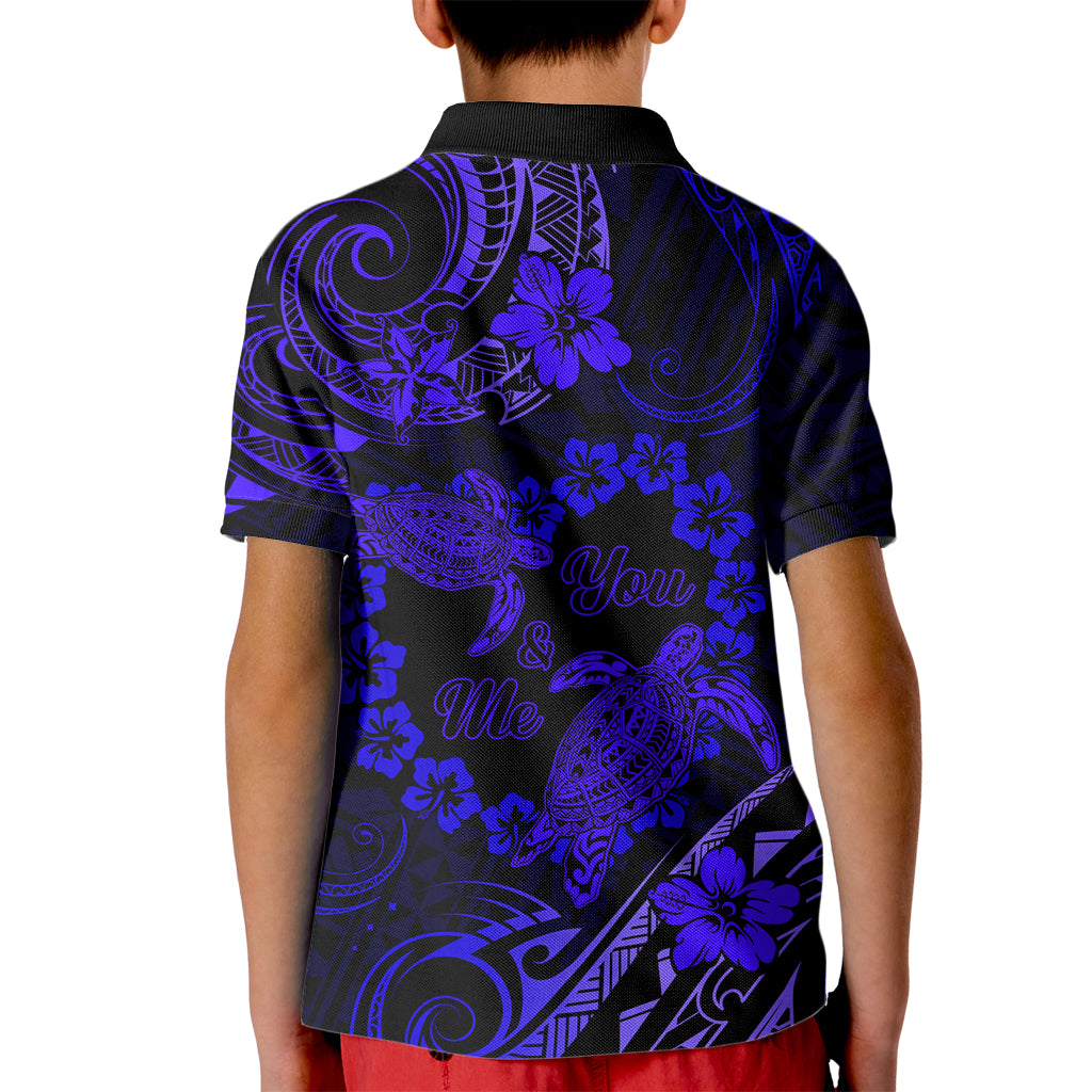 Polynesian Turtle Valentine Kid Polo Shirt You And Me Navy Blue Hibiscus Heart LT01 - Polynesian Pride