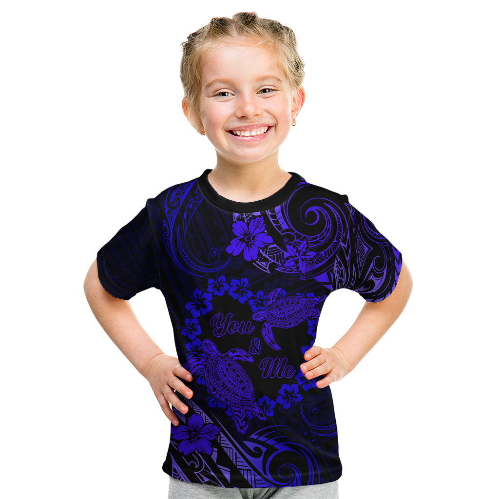 Polynesian Turtle Valentine Kid T Shirt You And Me Navy Blue Hibiscus Heart LT01 Blue - Polynesian Pride
