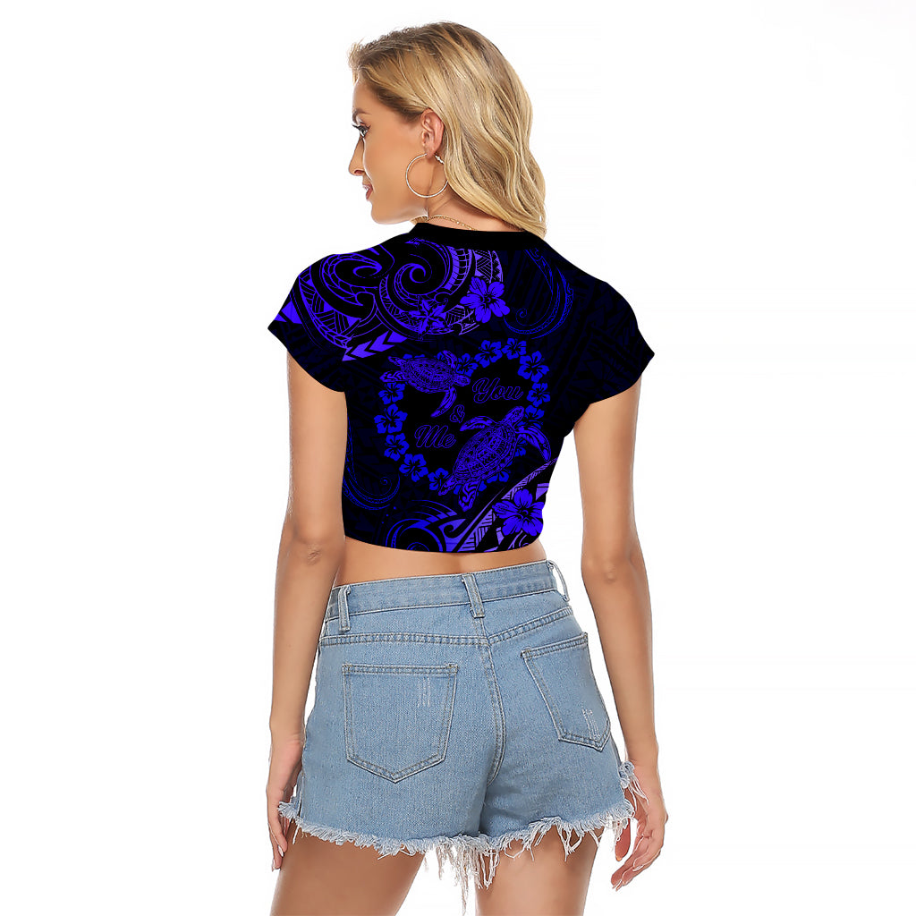 Polynesian Turtle Valentine Raglan Cropped T Shirt You And Me Navy Blue Hibiscus Heart LT01 - Polynesian Pride