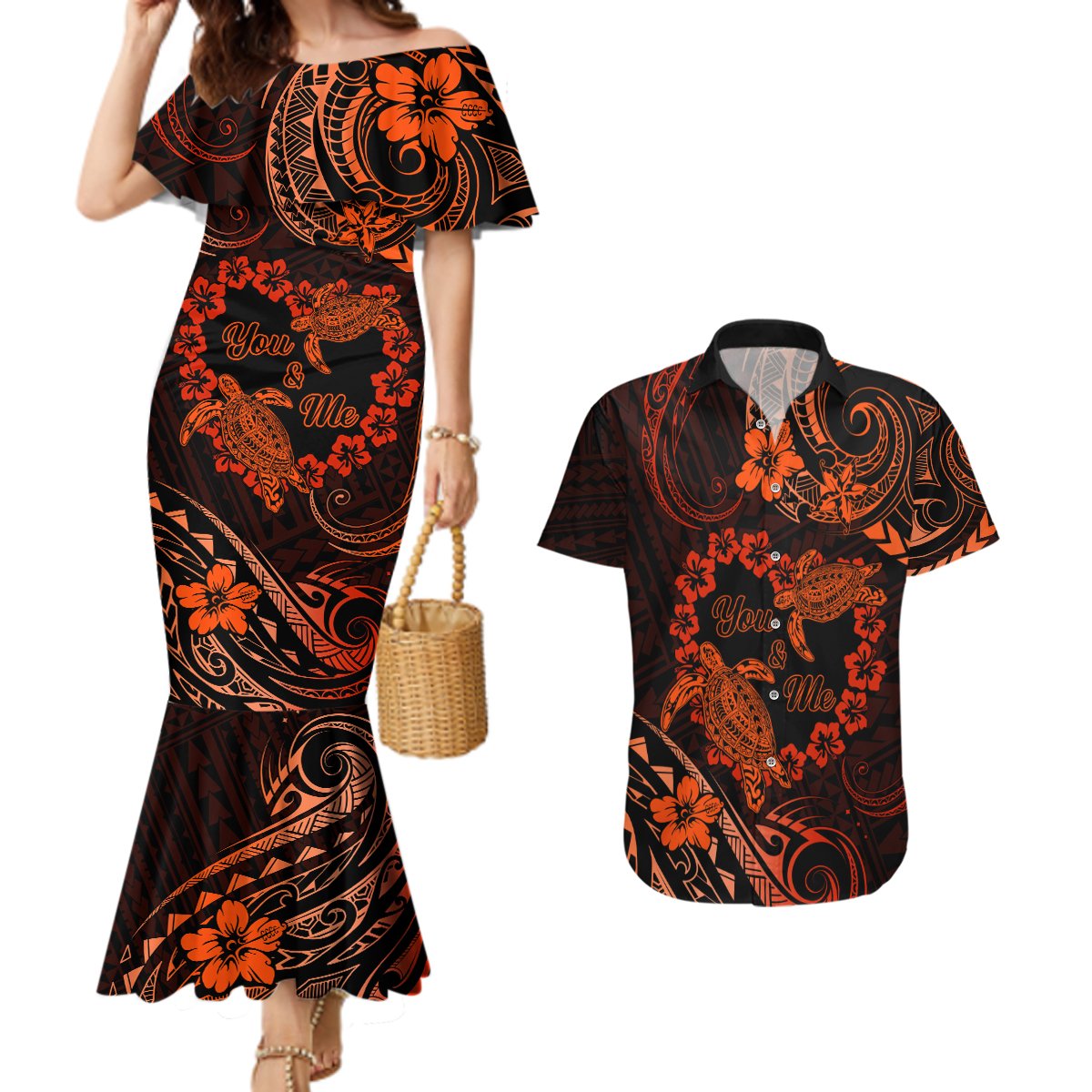 Polynesian Turtle Valentine Couples Matching Mermaid Dress and Hawaiian Shirt You And Me Orange Hibiscus Heart LT01 Orange - Polynesian Pride
